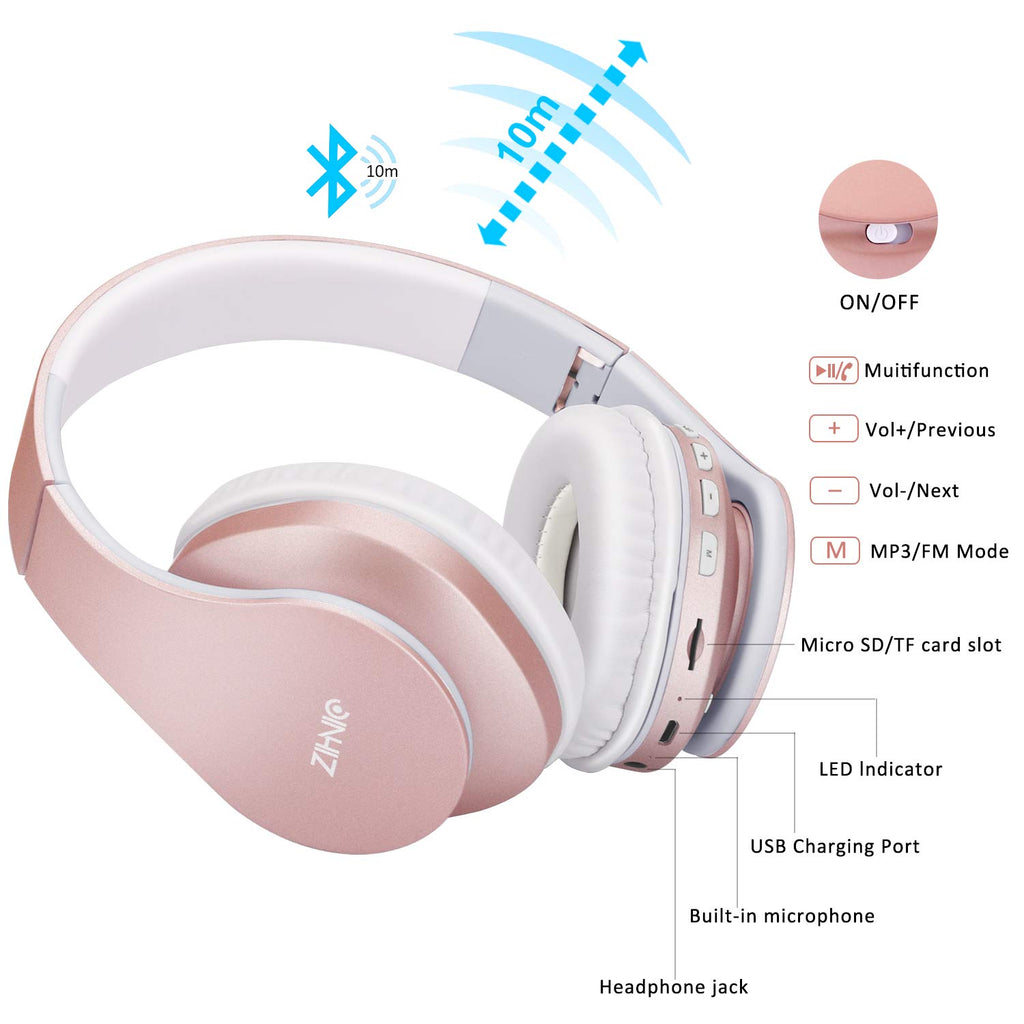 ZIHNIC Auriculares Bluetooth sobre la oreja, auriculares estéreo plegables inalámbricos y con cable micro SD/TF, FM para teléfono celular, PC, orejeras suaves y peso ligero para un uso prolongado