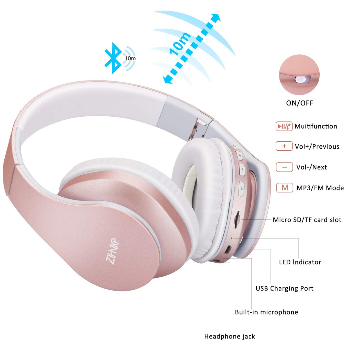 ZIHNIC Auriculares Bluetooth sobre la oreja, auriculares estéreo plegables inalámbricos y con cable micro SD/TF, FM para teléfono celular, PC, orejeras suaves y peso ligero para un uso prolongado